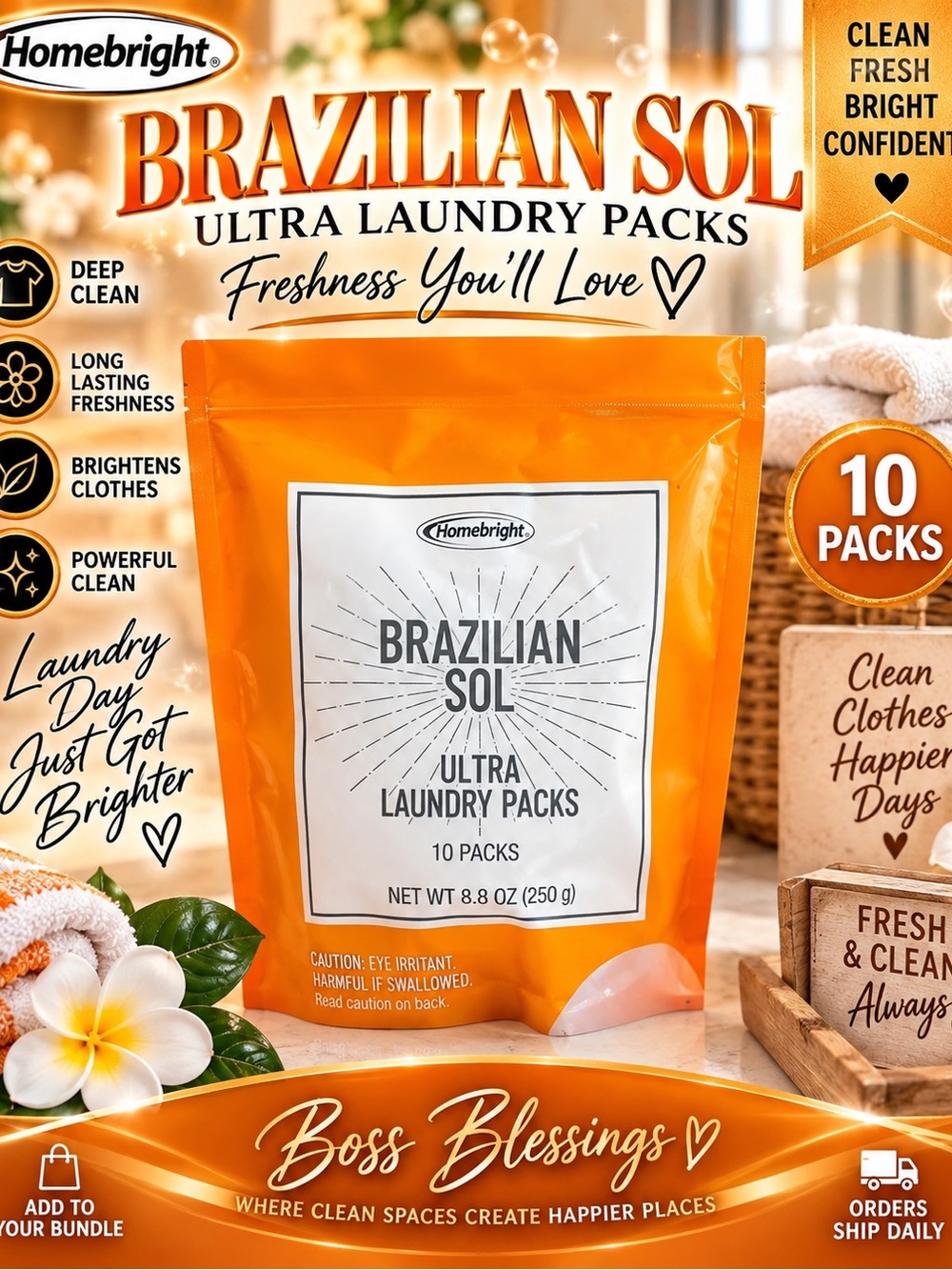 Homebright Brazilian Sol Ultra Laundry Packs | 10 Count | 8.8 oz | NEW